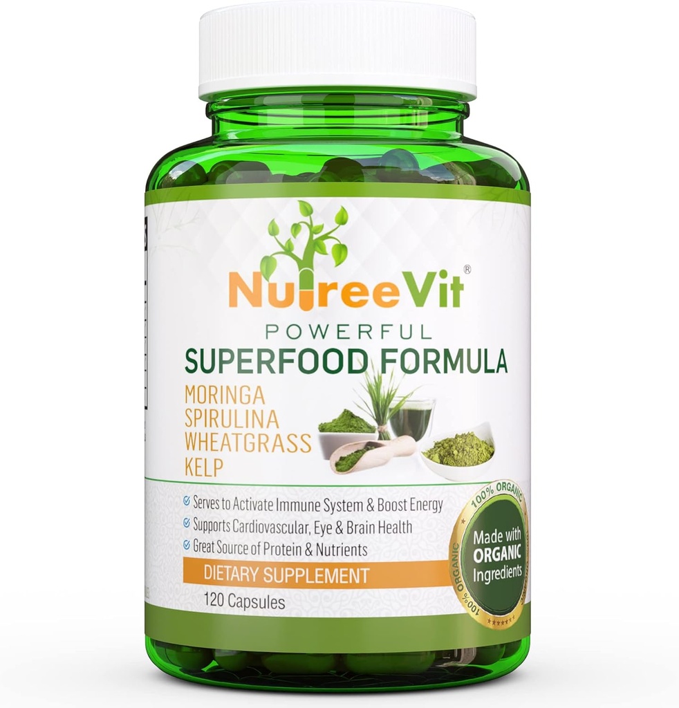 NutreeVit 100% 有机强力超级食品配方 - Immune System Booster Energy Pills with Moringa, Spirulina, Wheatgrass, and Kelp - 240 瓶子伯爵