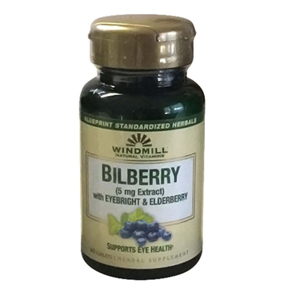 风车Bilberry 5 mg 提取卡片,有眼球和长莓支持眼部健康,60 Ea