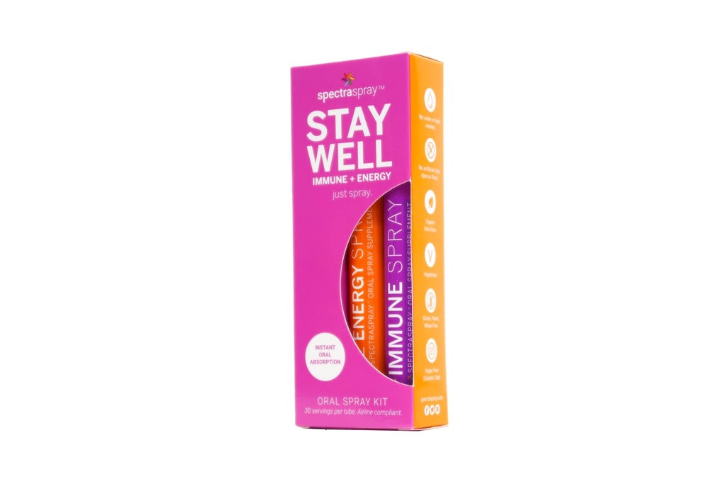 Spectraspray Travel Wellness stay Well Kit - Immune Support & B12 维生素口腔喷洒快速豁免促进和活性形式 B12 回收与能源,Vegan & Gluten Free, 每喷洒30天供应