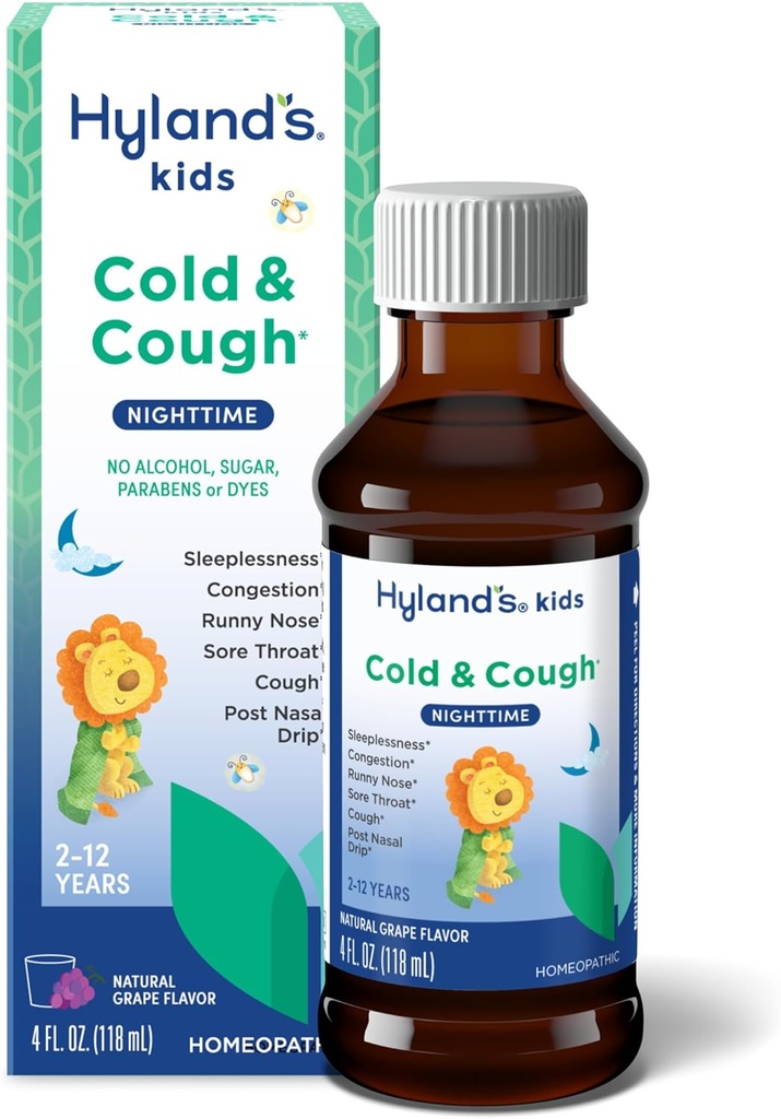 Hyland's Kids Cold and Cough, 晚间葡萄 Flavor Cough Syrup Medical for Kids Agents 2 and up, Decongestant, Sore Throat, 以及常见的冷症症状的失眠治疗, 4 Fl Oz