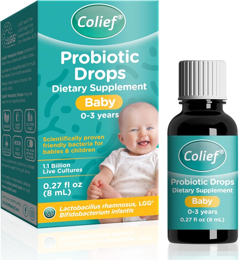 Colief Probiotic Drops Baby = 1.1亿活体文化 = 1.1亿活体文化 Rhamnosus 和 Bifidobacterium Infantis 适逢出生 = 科学证明的友好细菌 = 1.27 Fl Oz