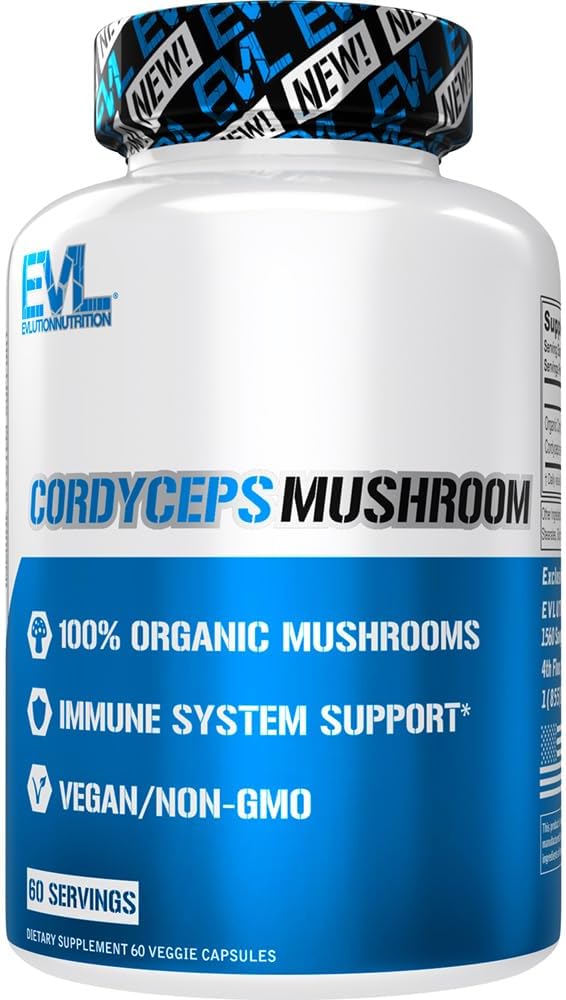 Evlution 营养 Cordyceps 蘑菇 - 免疫系统和心脏健康支持 - 500mg 蘑菇补充剂 - 100% Organization, Vegan & Non-GMO - 能源与性能 - 60 服务