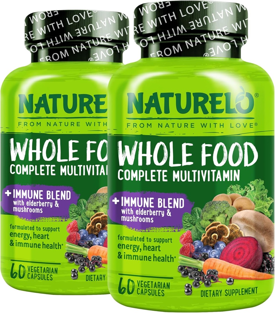 NATURELO 全食品 多维特敏 + 含长莓和蘑菇的混合剂 - 配有额外免疫支持的完整的多维特敏 - C, D3, 锌, 长莓, Reishi, Shitake, 60 Vegan Capsules (Pack of 2)