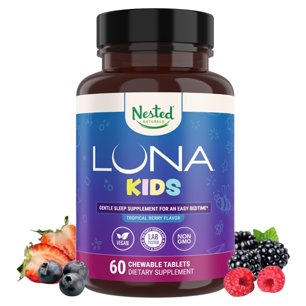 LUNA Kids ##1 儿童4+和敏感成年人睡眠援助药片 #### 自然来源的成份 ###60 x Chewable Pills ## Gentle, 配有香摩利、梅拉托宁、瓦莱里安和莱蒙巴尔姆的草药补充品