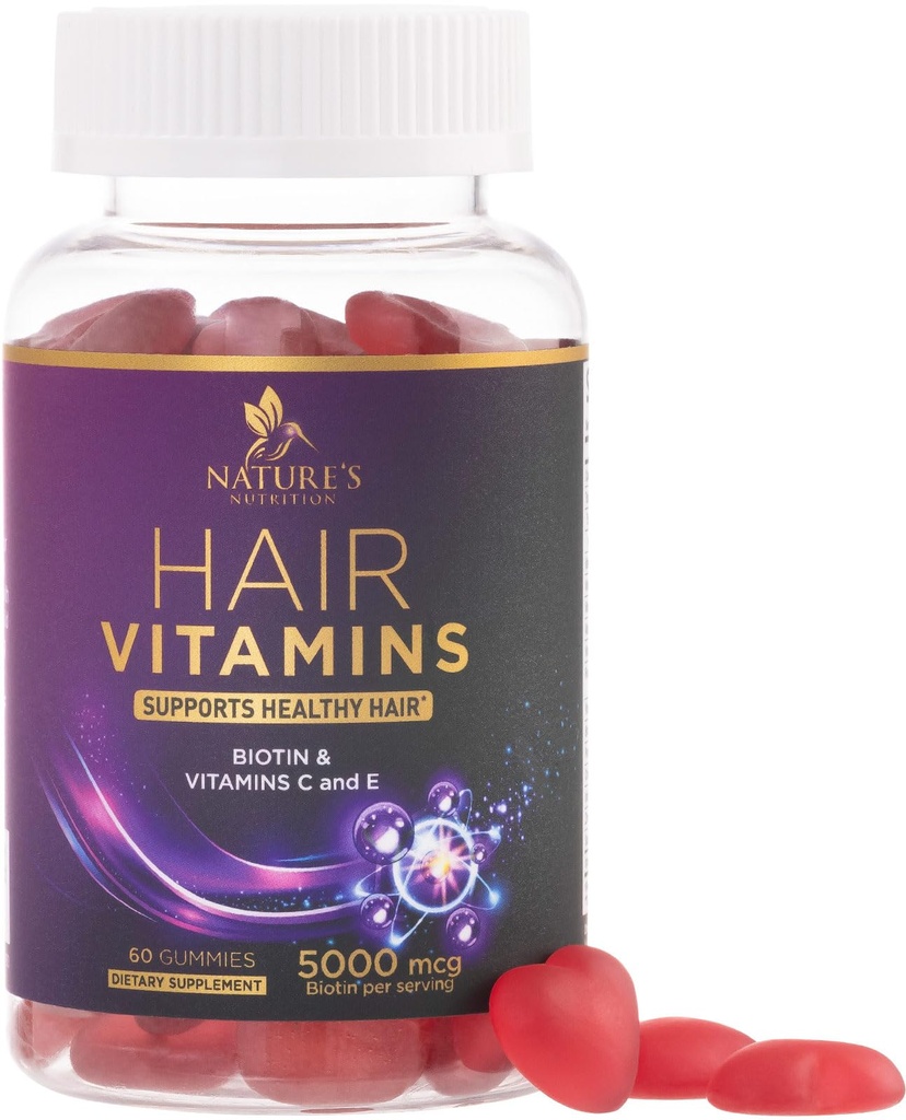 配有Biotin 5000 mcg的发霉素蛋白 - 强壮,拉迪安特发霉素,皮肤和钉子补充剂 - 维生素 E & C, 发霉素 支持女性和男性,非GMO和Gluten Free - 60 Gummys