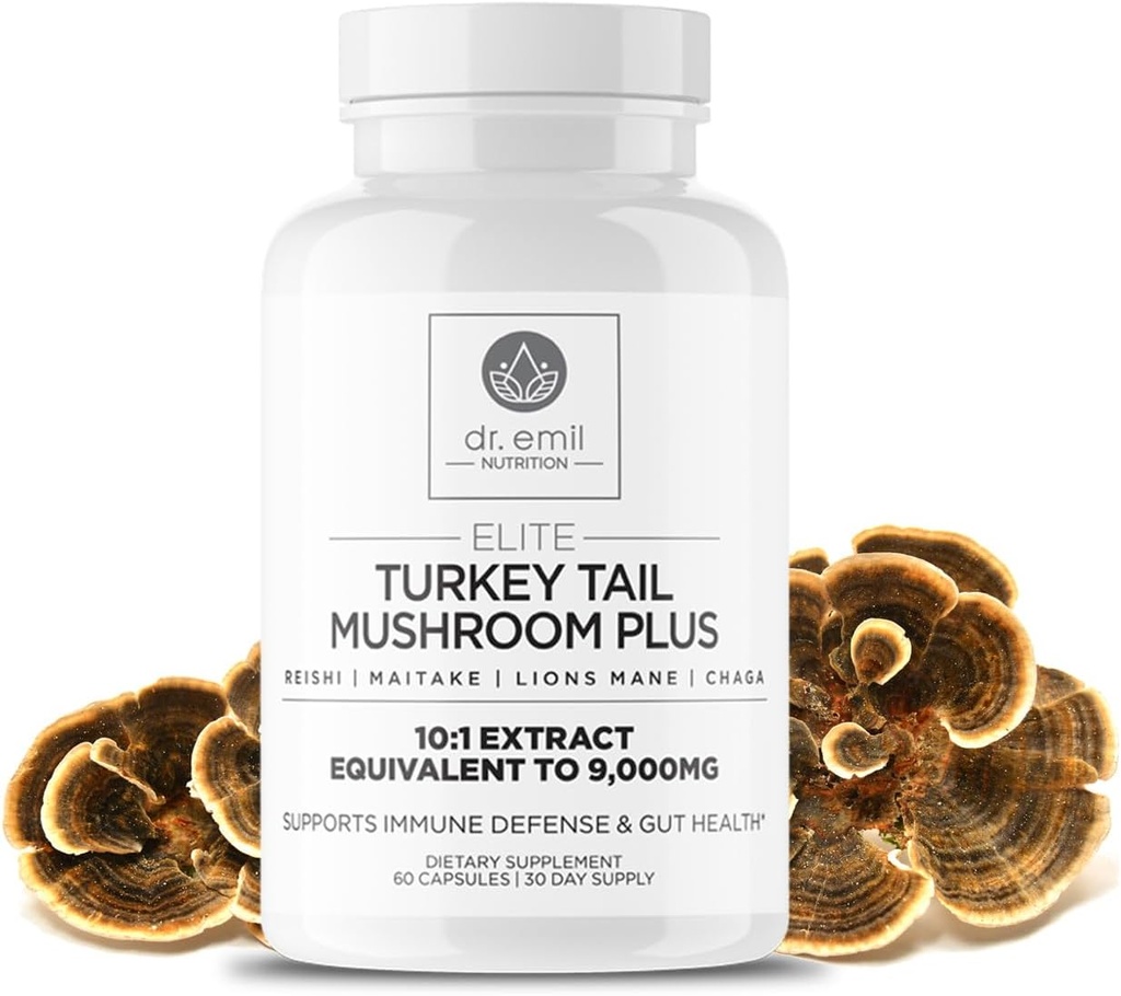Dr. EMIL NUTION Turkey Tail Mushmouse Capsules - 土耳其 Tail Mushmouse 豁免和古特健康补编 - 狮子马内、Chaga、Reishi和Maitake的精英公式