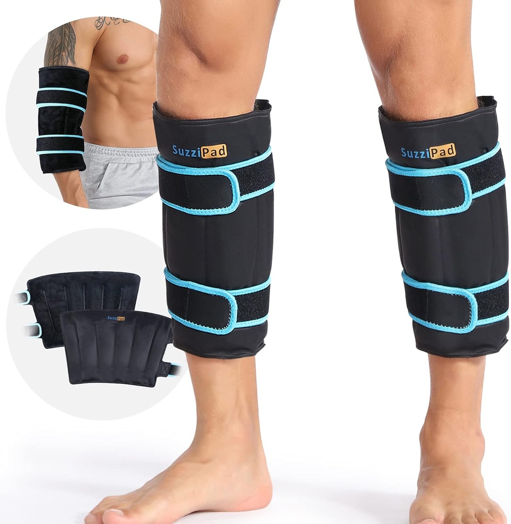 SuzziPad 360°冷包用于 Calf, Shin, Arm & Elbow – 带有双层包设计,可调整 Velcro Straps, 防漏和可再使用的冷压缩用于工作后回收(2包), 黑色