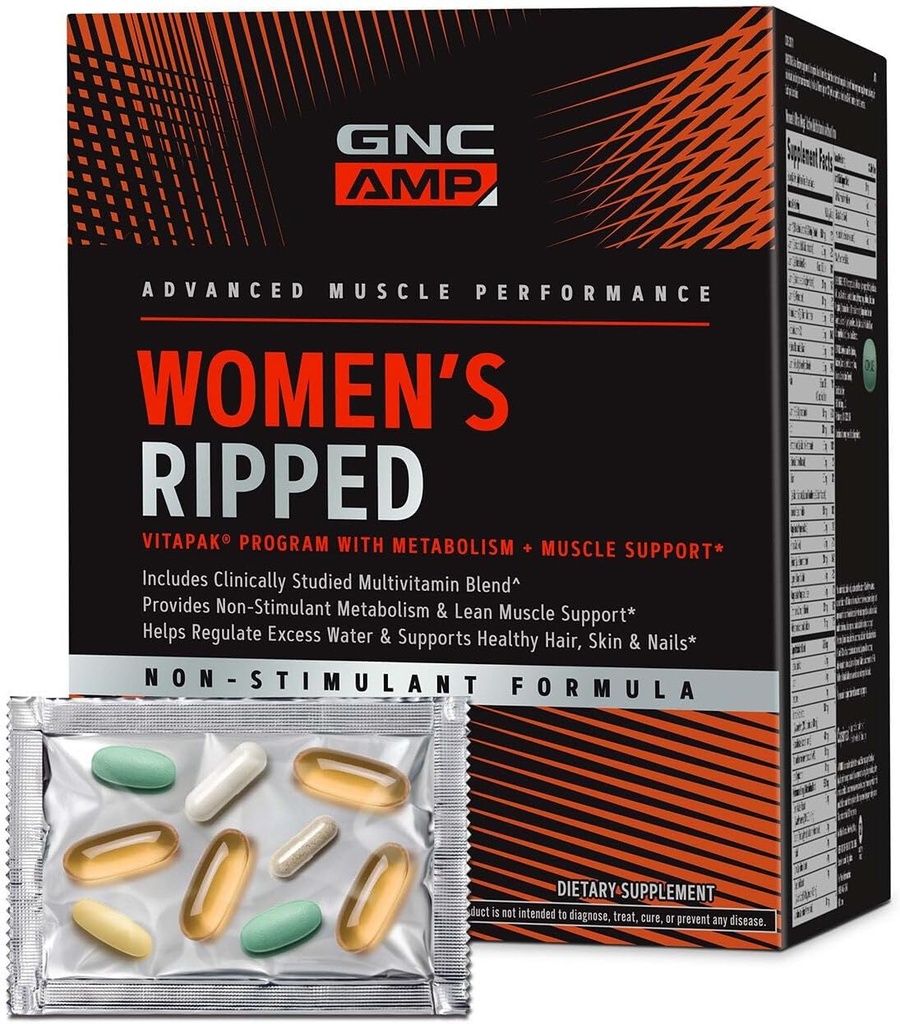 GNC AMP 妇女非兴奋剂维塔帕克方案,1个维生素包中的5种产品,代谢和精液、水谢丁、经证明的原料、CLA、Biotin、多维塔明、咖啡因、免费30天供应