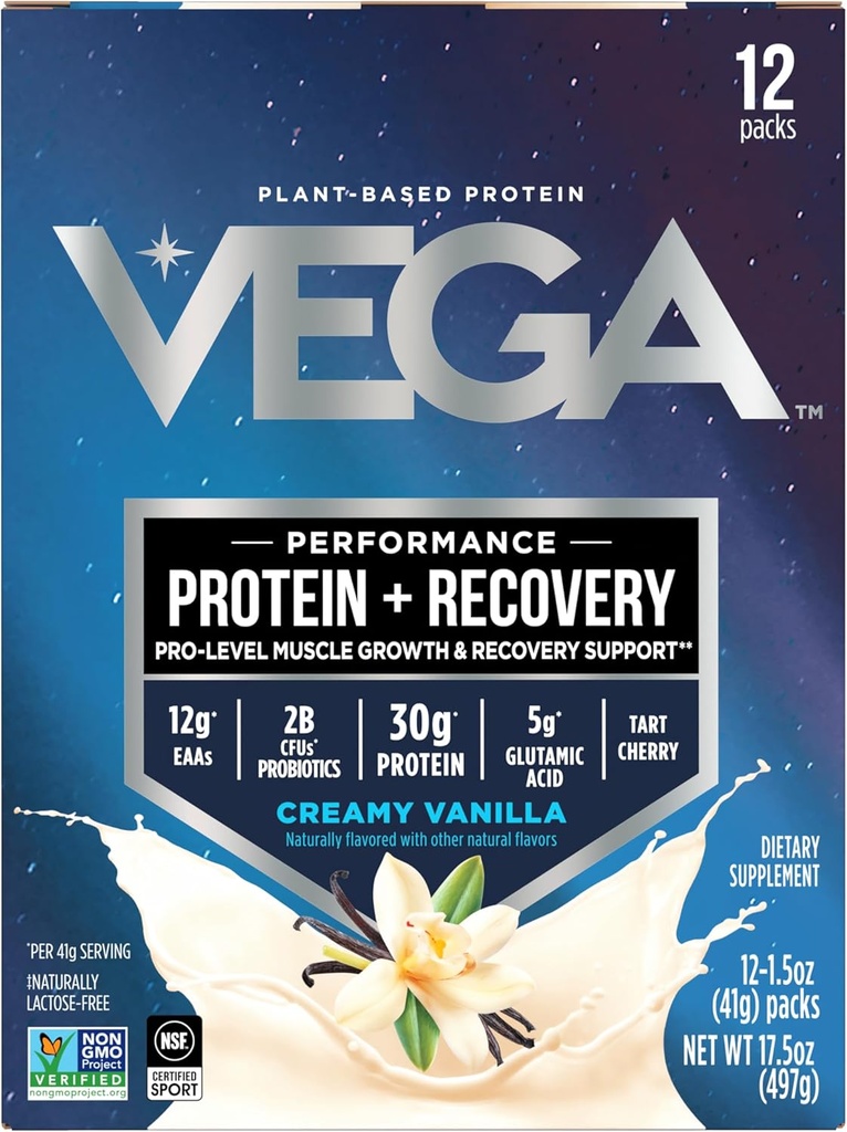 Vega蛋白 + 恢复 -- -- 每服30g植物蛋白,香草,12x1.6oz Sachets,5g BCAAs,Probiotics,NSF认证,用于摇晃和滑动,(包装5月 Vary)