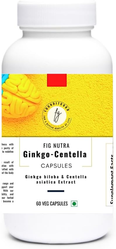 FiG Nutra `Ginkgo-Centella ' Capsules + 聚焦和记忆的脑健康补充 + 强大的混合体 Ginkgo biloba 叶片提取和Centella Asiatica 叶片提取 60 Veg Capsules