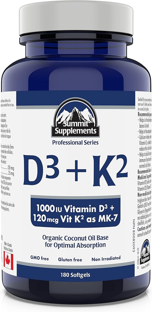 顶峰补充剂 - 维生素D3 K2, 180 Softgels - 用于帮助您保持健康骨骼,牙齿和肌肉的制定 - 支持体钙吸收和降低骨折风险