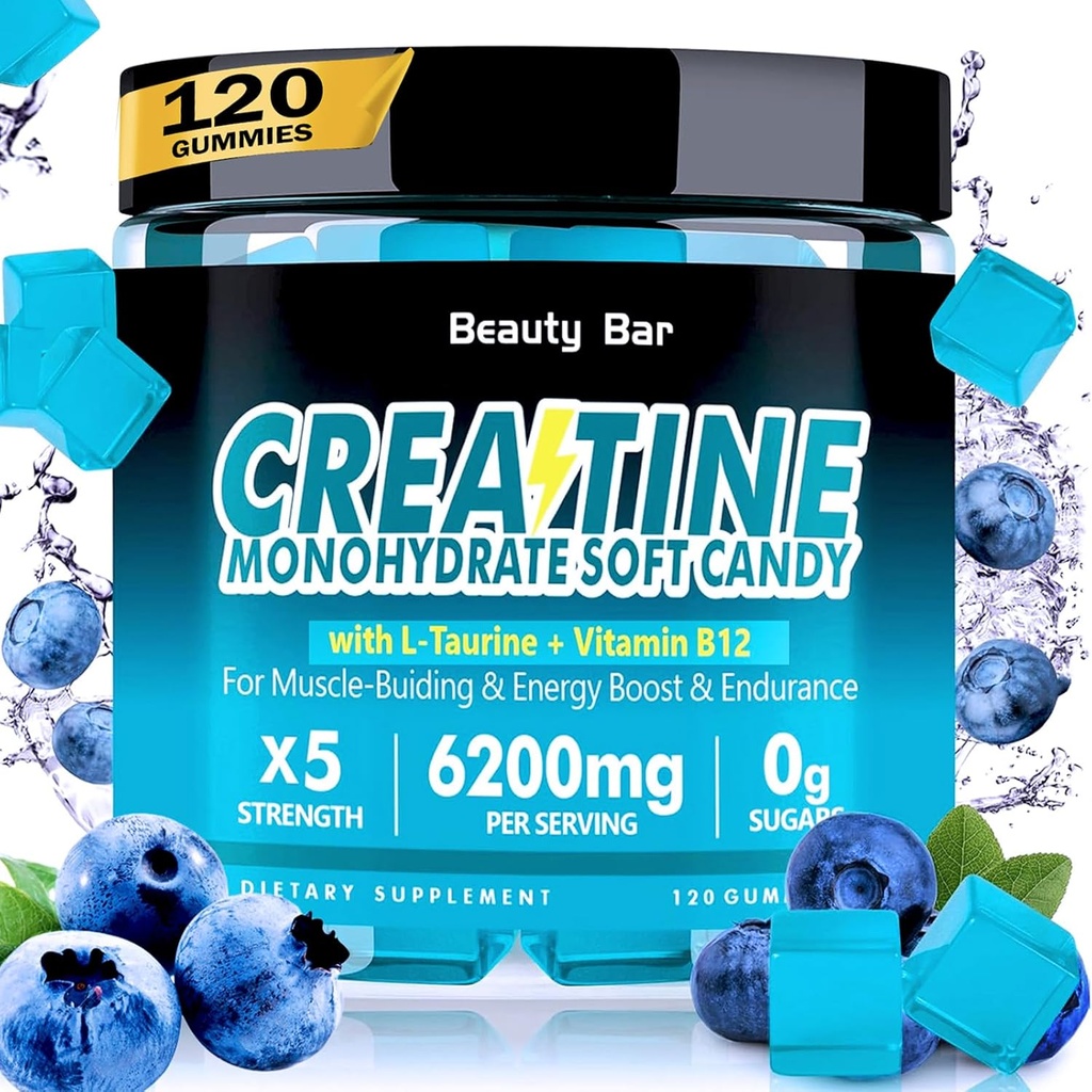 Creatine Monohydrate Gummys, 男子和女子6200mg, 增强肌肉生长、强力和复苏的可食用Creatine, 免糖预工补充, 120 计数, 蓝莓火焰
