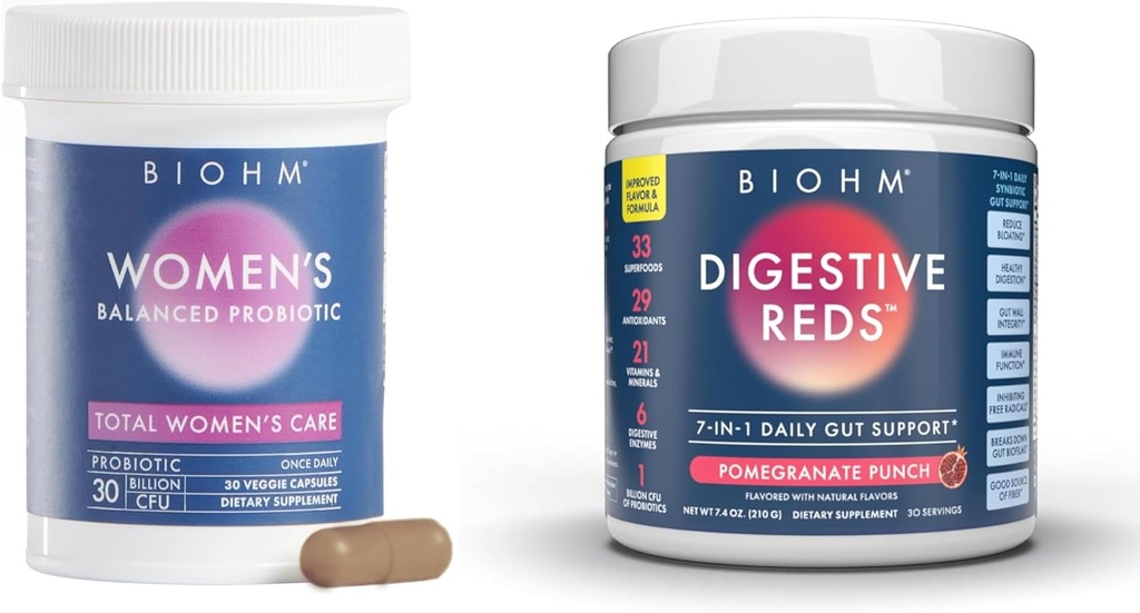 BIOHM 妇女抗生素 30B CHU 和 210 oz 基本消化剂 红粉盒,综合胶囊和阴道健康支持,富含抗氧化剂,酶,维生素