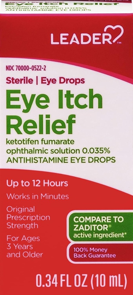 LEADER Sterile Eye Drops for Eye Allergy & Itch Relief, Ketotifen Antihistamine Solution 0.035%, Works in Minutes, up to 12 Hours, Prescription Strength 0.34 oz