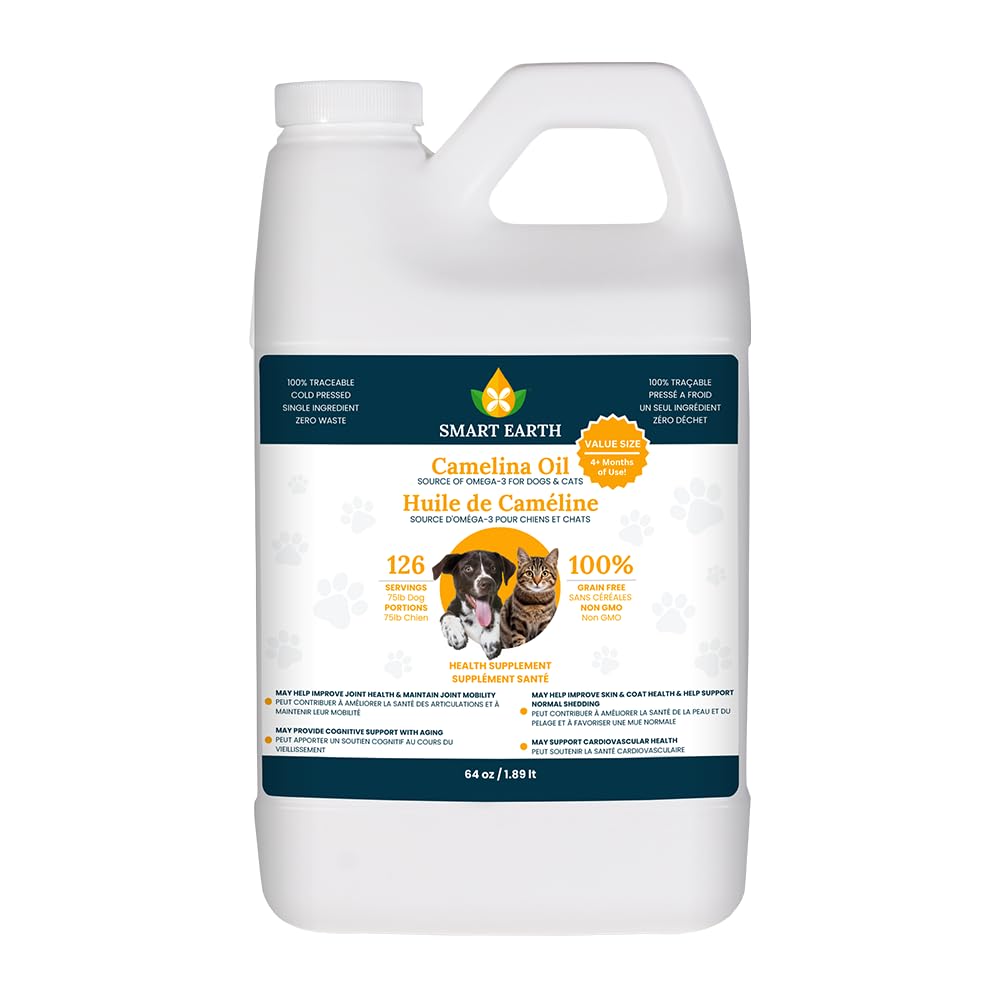 Smart Earth Camelina Oil for Dogs - Omega 3, 6, 9 健康皮肤补充品, Shiny Coat & F灵活关节 - Dog 联合补充品 - 天然犬类井 - Omega 3 for Dogs (泵含-64oz)
