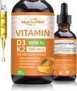 有机维生素D3 + K2 滴水: 5000 IU 厂制 D3 和 200mcg K2 液体补充剂 QQ 快速吸收用于免疫支持,骨保健和心脏护理 QQ Vegan,非GMO(30ml)