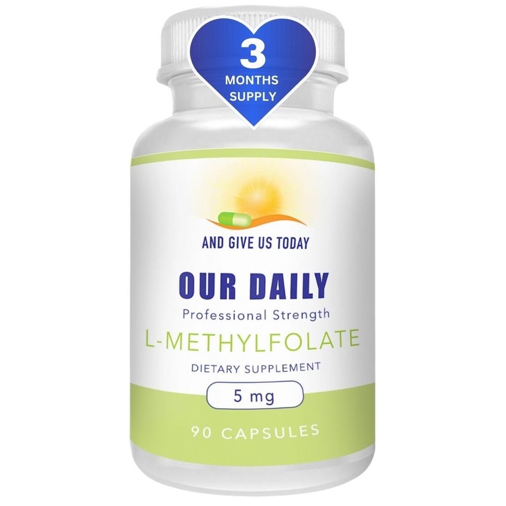 我们的每日Vites L-Methylfolate 5 mg / 5000 mcg 最大强度活性Folate, 5-MTHF, Filler Free, Gluten Free, N-GMO, Vegetarian Capsules 90 Count (3个月供应)