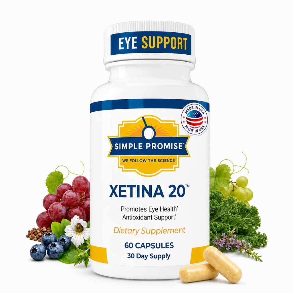 简单承诺 - Xetina 20TM Lutein 和 Zeaxanthin 补充品 - 用维生素E, Eyebright, Zinc, Grape种子提取, Rutin & Bilberry - 60 Capsules 对眼部健康的基本支持