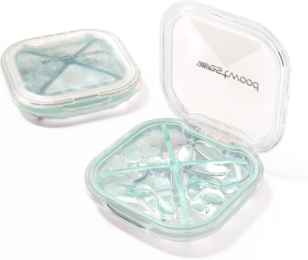 1 Pack 小绿药丸组织者,4个比较器,Contract Style Cutle Travel Champing Pill Daily Medicine Pill case,可携带和防潮剂以储存维生素、药品和补充剂