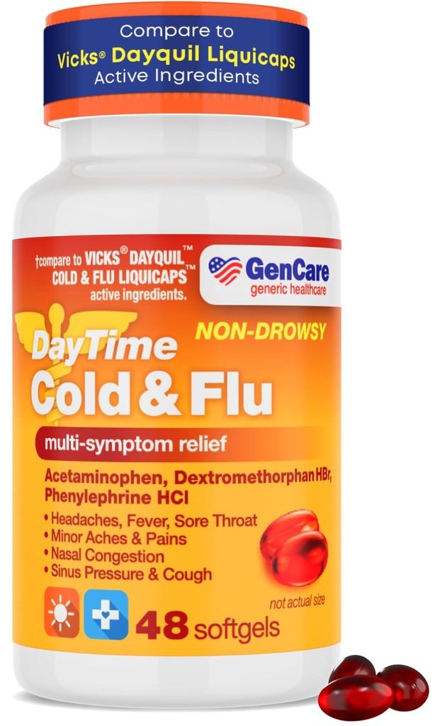 GenCare - 多种症状 非昏睡 白天寒冷和Flu Relief Acetaminophen 325mg, Dexteromethorphan HBr 10mg, Phenylephrine HCl 5mg (48 Softgels) 非 Habit 形成疼痛 释放剂和鼻部解毒剂