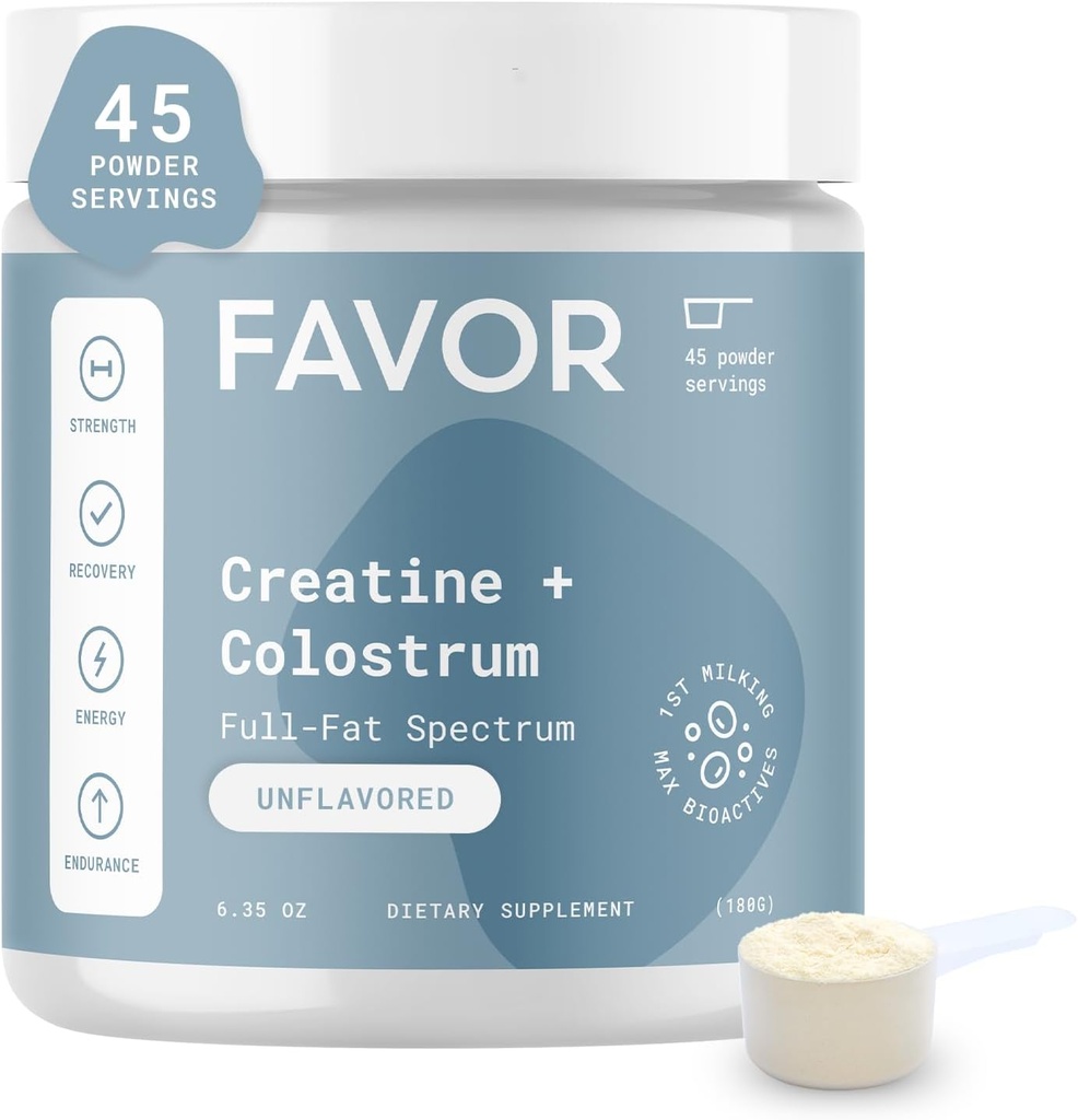 Favor Creatine和Bovine Colostrum Powder - Creatine Monohydrate Cow Colostrum 补充材料、高免疫球蛋白IgG、强力、肌肉恢复和男女口服健康,45名服务人员,未受欢迎