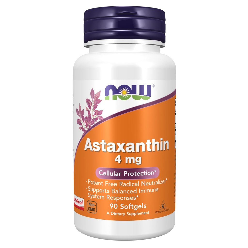 NOW 补充剂,Astaxanthin 4 mg 衍生自非GMO 海马托球菌 Pluvialis Microalgae, 并自然发生Lutein, Canthaxanthin和Beta-Carotene, 90软胶