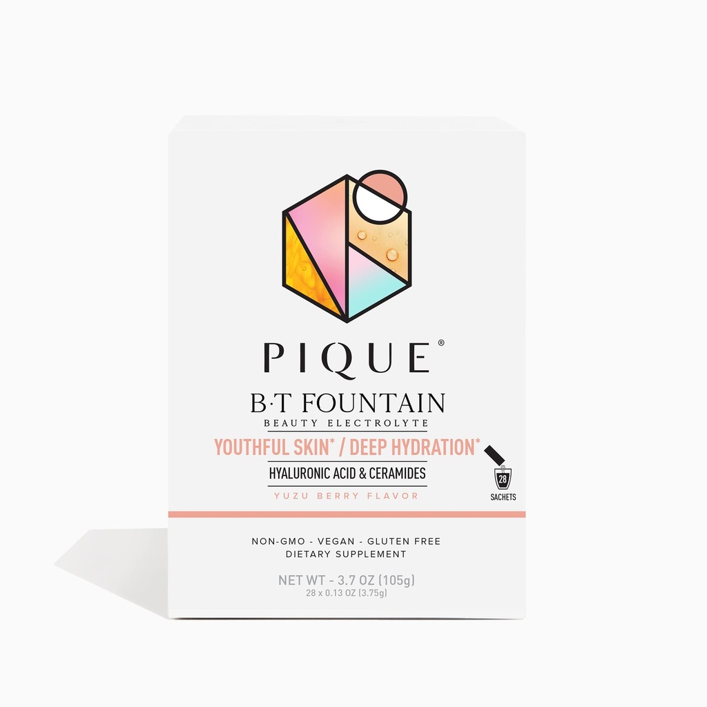 PIQUE BT 喷泉电解质粉 - 含Hyaluronic酸的水化粉包,切氨酸,氢化镁,弹性皮肤 - 无添加糖 - 28 单服务棒(包1)