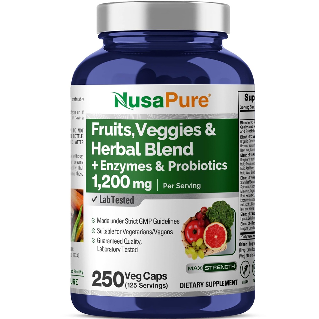 NusaPure 43 水果和蔬菜草本植物混合物,11种酶和亲生生物,1200毫克,250种Veggie Capsules(非GMO, Vegan)