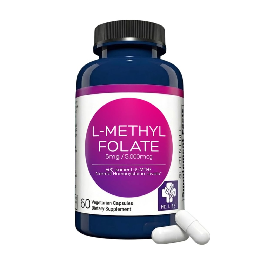 MD 生命L-甲基乙二醇 5 mg 补充 - 专业-格氏活性L Methylfolate 补充 - 60 Capsules - L-Methylfolate 5mg - 最大概率 MTHFR W/Essic 氨基酸