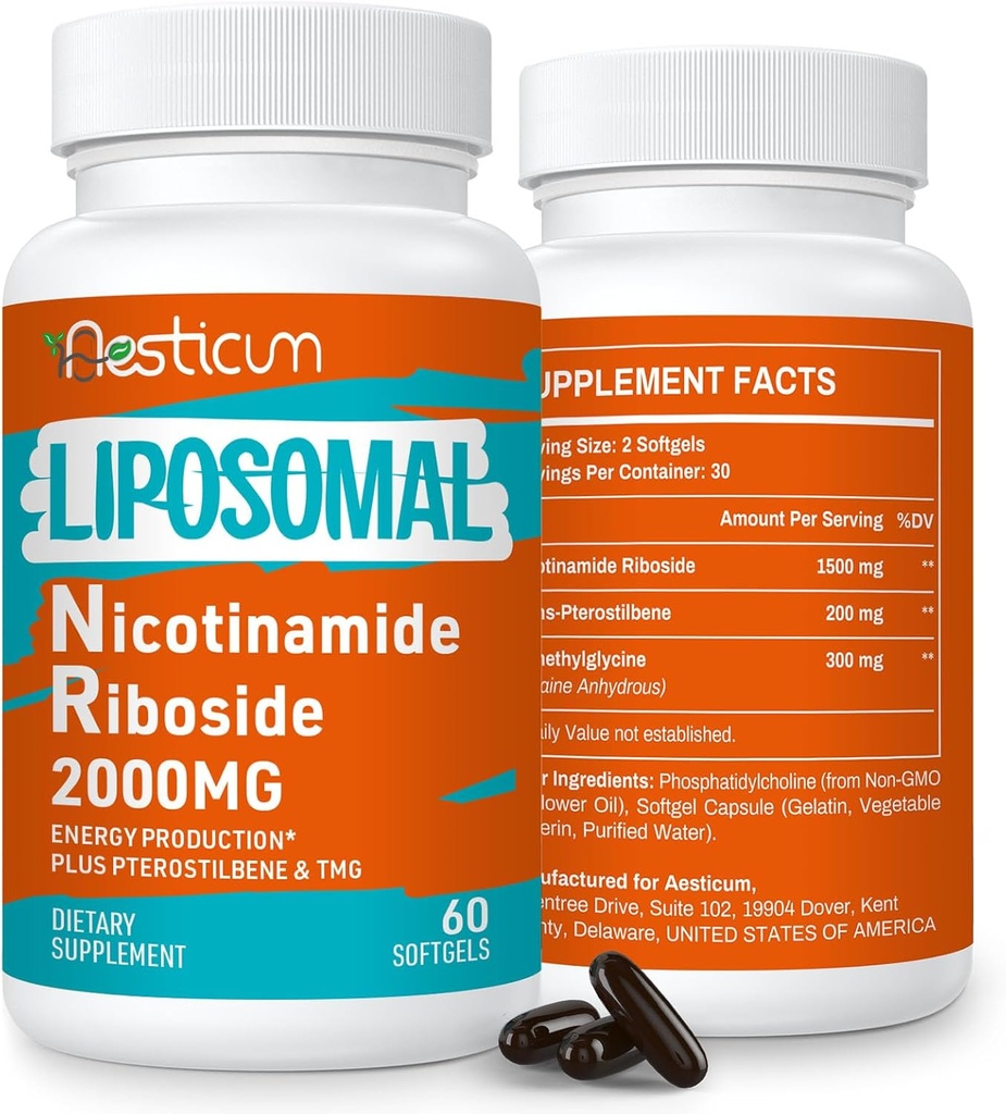 2000年 MG Liposomal Nicotinamide Riboside 配有 TMG & Pterostilbene, 高生物利用率 NAD+助推补充, Niacinamide 能源高级,豁免,年龄耐受,120软胶