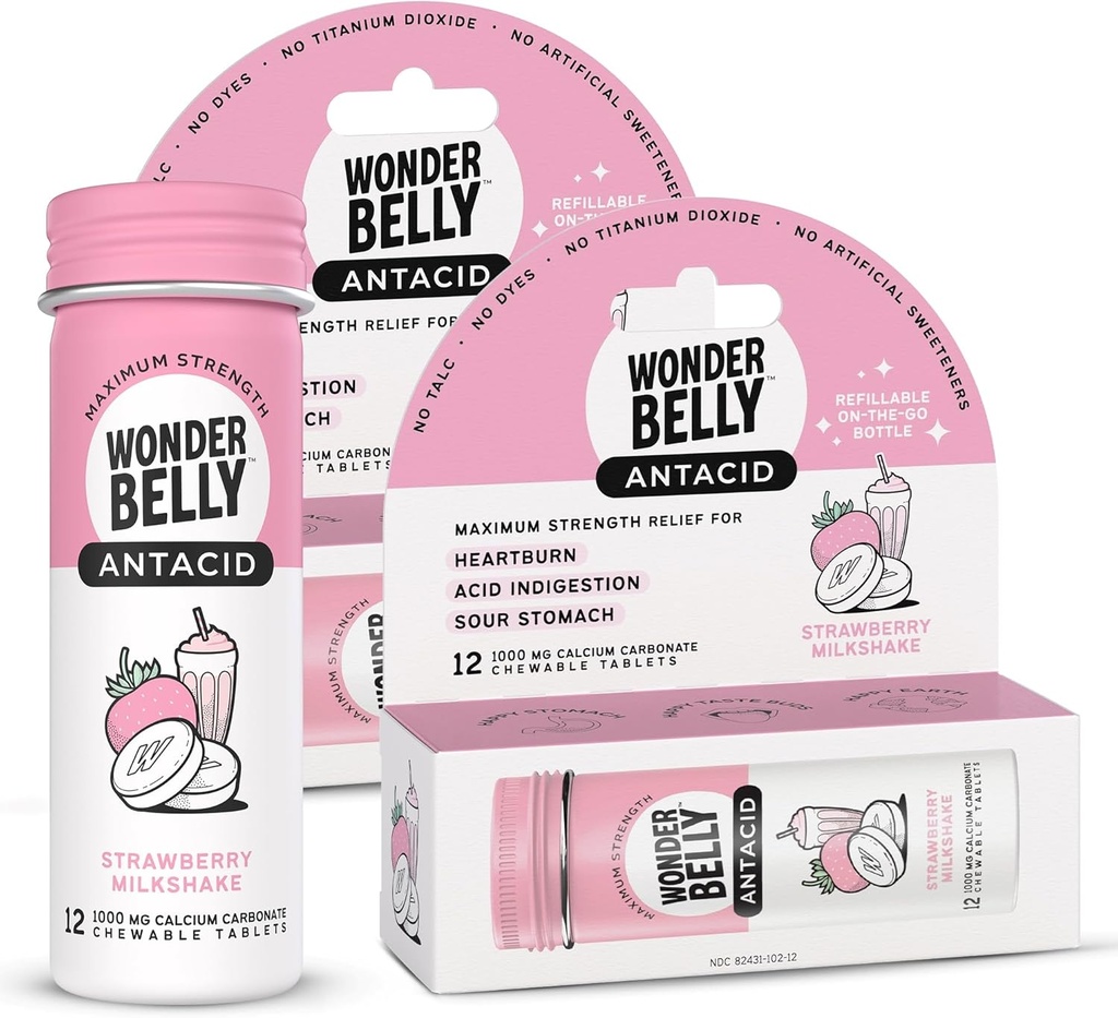 Wonderbelly Antacid, 有效的心脏烧伤和即时酸消化缓解, 旅行体积的超强可切片, 1000毫克碳酸钙, 草莓奶昔, 12 Counter (Pack of 2)