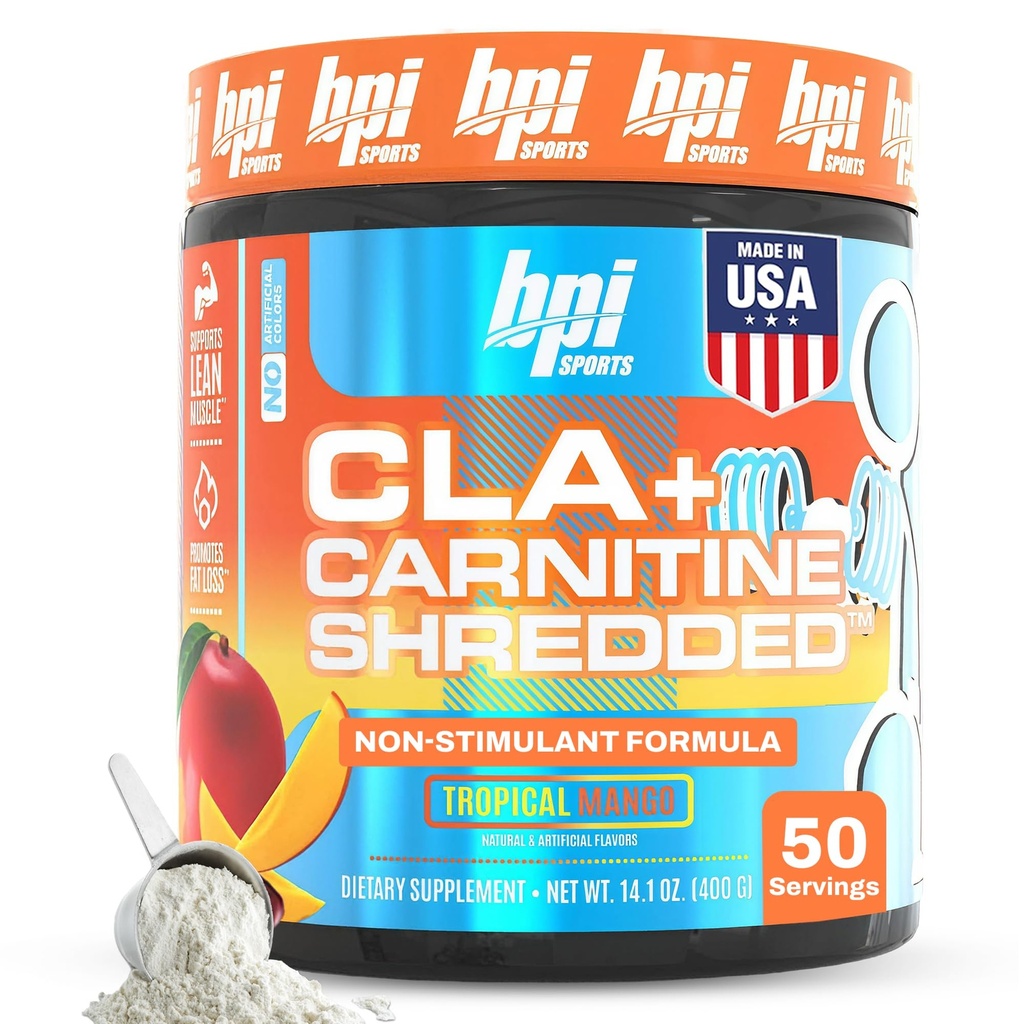 BPI Sports CLA + Carnitine Shreded - 将脂肪细胞转换成能量和支持精液肌肉,促进代谢 - 非兴奋剂L-Carnitine 补充剂 - 热带芒果(14.1 oz. / 50 services)