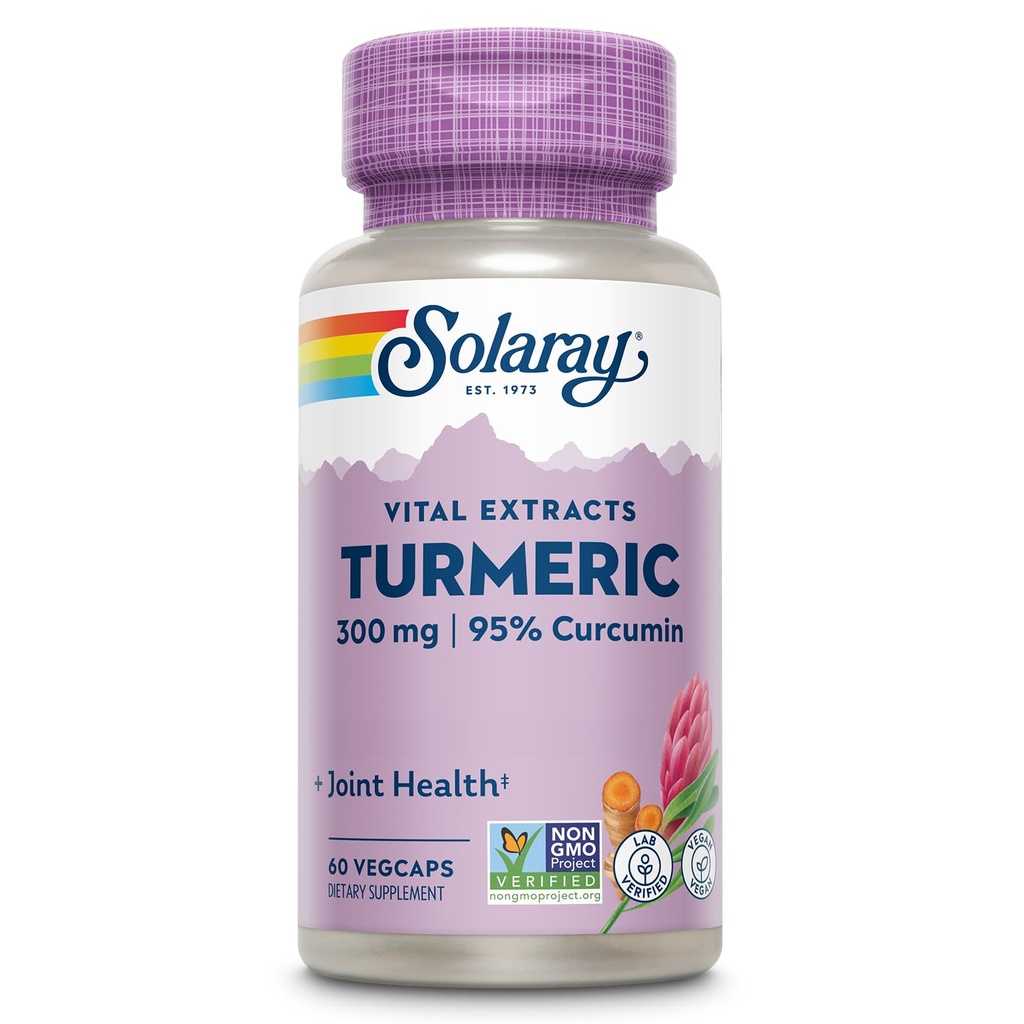 SOLARAY Turmeric Supplement 300 mg - Turmeric root screw 含95% Crucumin - 联合健康和舒适联合支助补充 - 非GMO、Vegan、Gluten Free、60天保障、60次服务