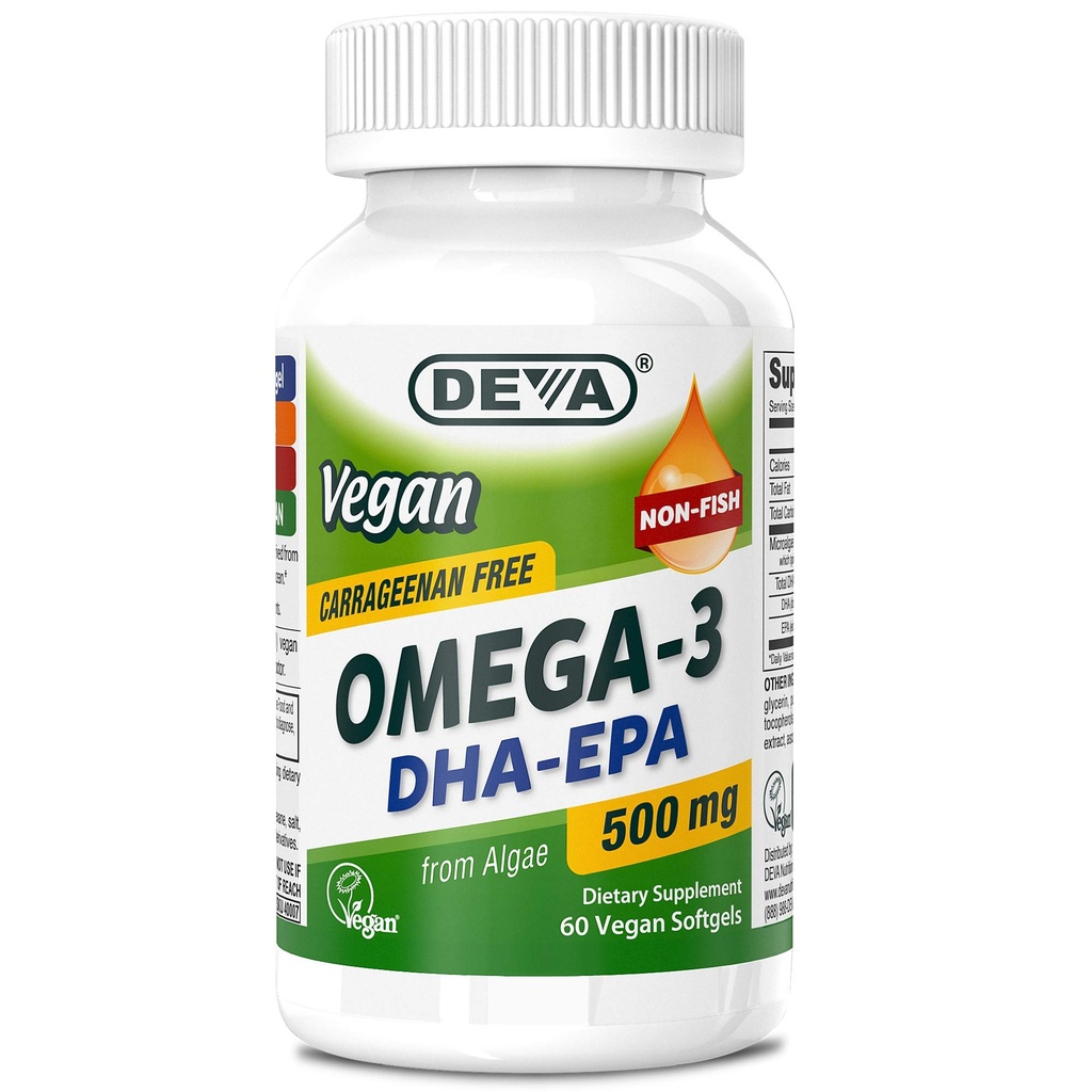 DEVA VAGAN Omega-3 DHA-EPA 500MG – 无卡拉盖南,无鱼油衍生自藻类,非GMO,60 Gelatin-Free Softgels