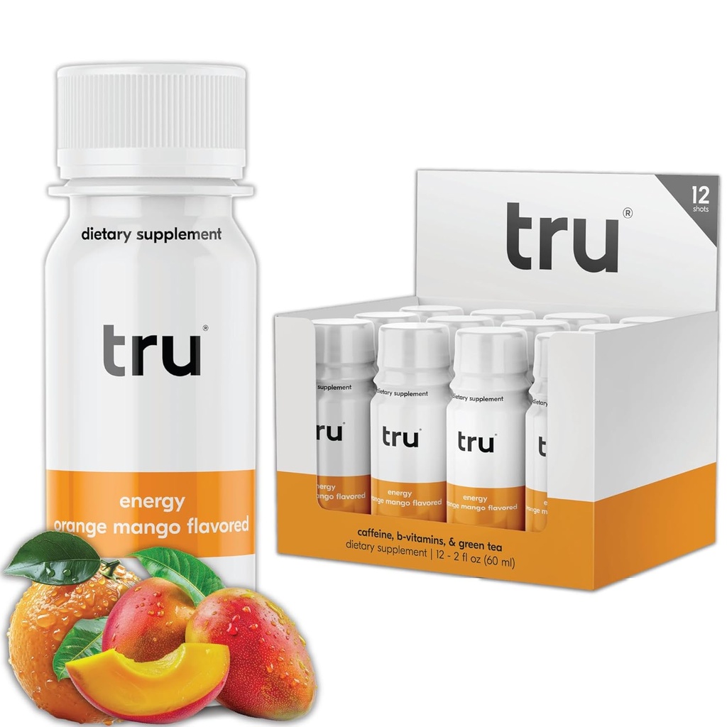 Tru Energy Shot, 外力能量饮用天然咖啡因, 绿茶, B维生素B3, B6和维生素B12, 零糖加热, Keto, Vegan, Gluten Free, 橙芒果, 2 FL OZ瓶, 12 Pack