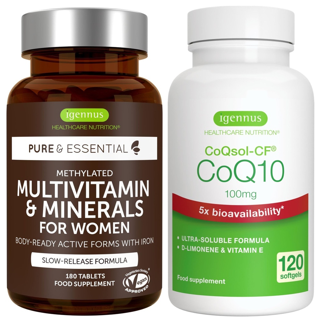 女性多维特敏和矿物质 + 高吸收 CoQ10 100mg 120 软胶能源包,持续释放 高级多维特敏 + CoQ10 与维生素 E & D- Limonene, by Igennus