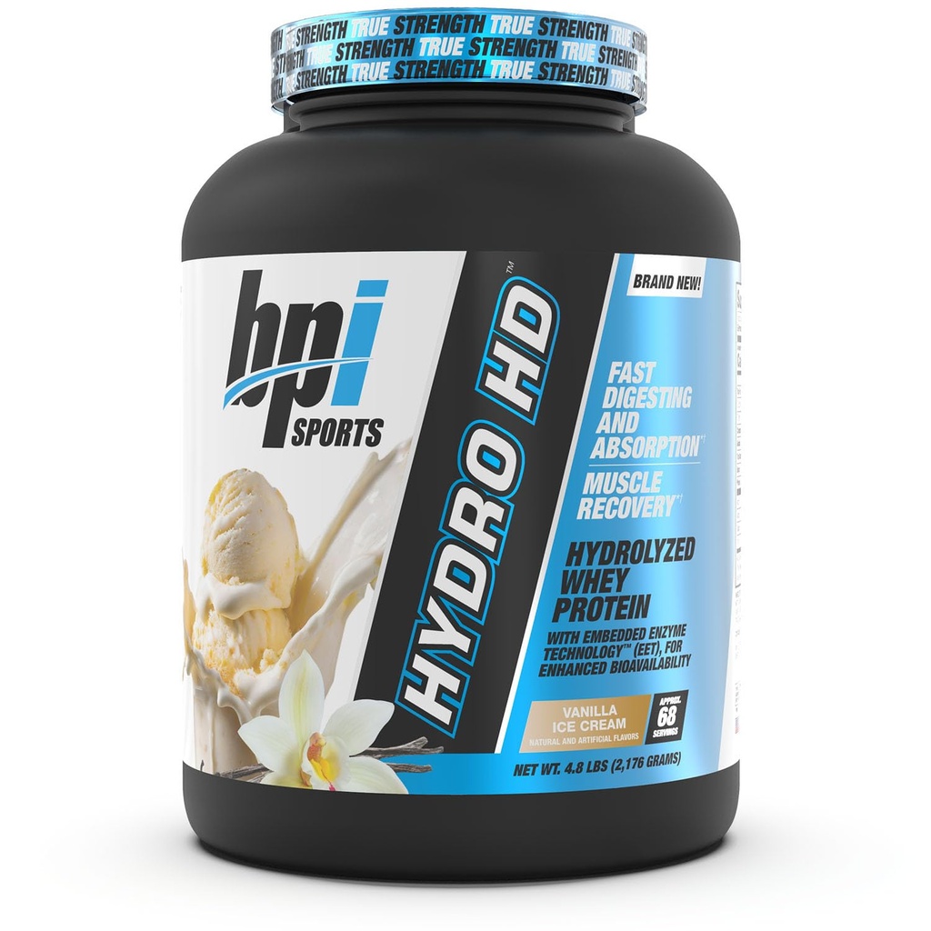 BPI 运动HD - 100%水解 Whey蛋白粉 - 肌肉生长,恢复,25克水解蛋白,低碳,低糖,快速吸附(68位服务,香草冰激素)