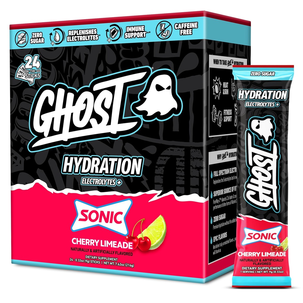GHOST 水分包 索尼樱桃 利米德 24 棒 电解质 粉 - 饮用配有镁,钾,钙,维生素 C - Vegan 友好型,无豆,糖和胶