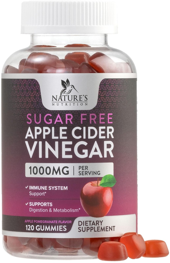 Apple Cider Vinegar Gummys for Wight Loss 1000 mg - Vegan Apple Vinegar Gummy for Detox & Cleanse,ACV 补充药,维生素B12,无糖ACV Gummy,非GMO,自然营养 - 120 Gummys