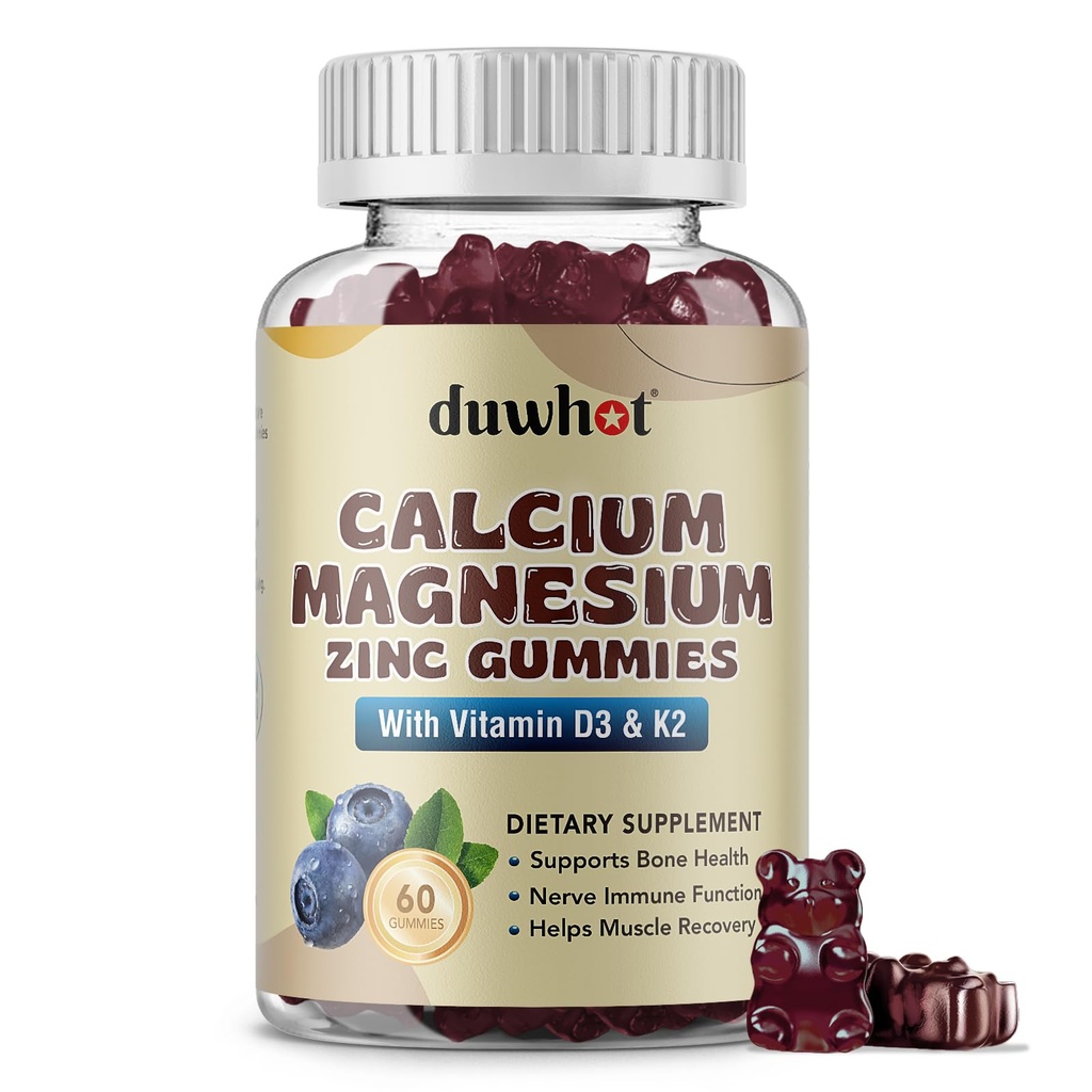 Calcium Magnesium Zinc Gummies for Women, Chewable Calcium Supplement 1000 mg Vitamin D3 & K2, Bone & Nerve Health, Muscle Function, Immune Support & Stress Relief, Blueberry Flavor, 60 Ct