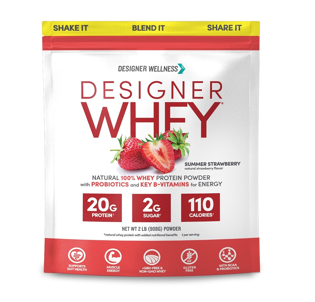 设计师 Wellness,设计师Whey, Natural Whey蛋白粉配有Probiotics, Fiber, 以及能源关键B-维生素,无胶草莓,夏季草莓, 2磅