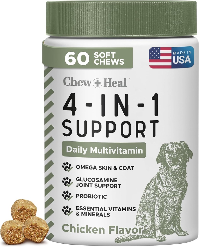 全部为1道狗维生素和补充剂,60道软咀嚼多维他明加Glucosamine,Probiotics,Omega鱼油 - 用于皮革, Coat, Hip, Joint & Gut Health - 高级,Pupy,大型和小型狗