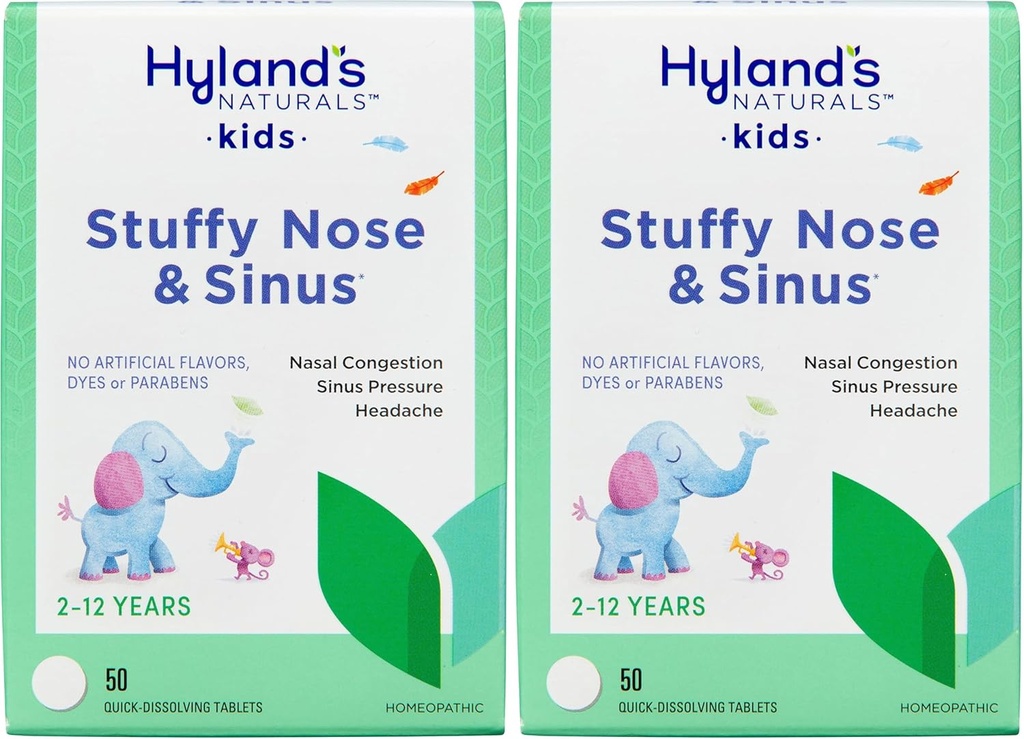 Hyland's Naturals Kids Stuffy Nose and Sinus Tablets, Cold and Allergy Medicine for Children Ages 2 and up, Headache Relief and Nasal Decongestant, Quick Dissolving Tablets, 50 Count (Pack of 2)