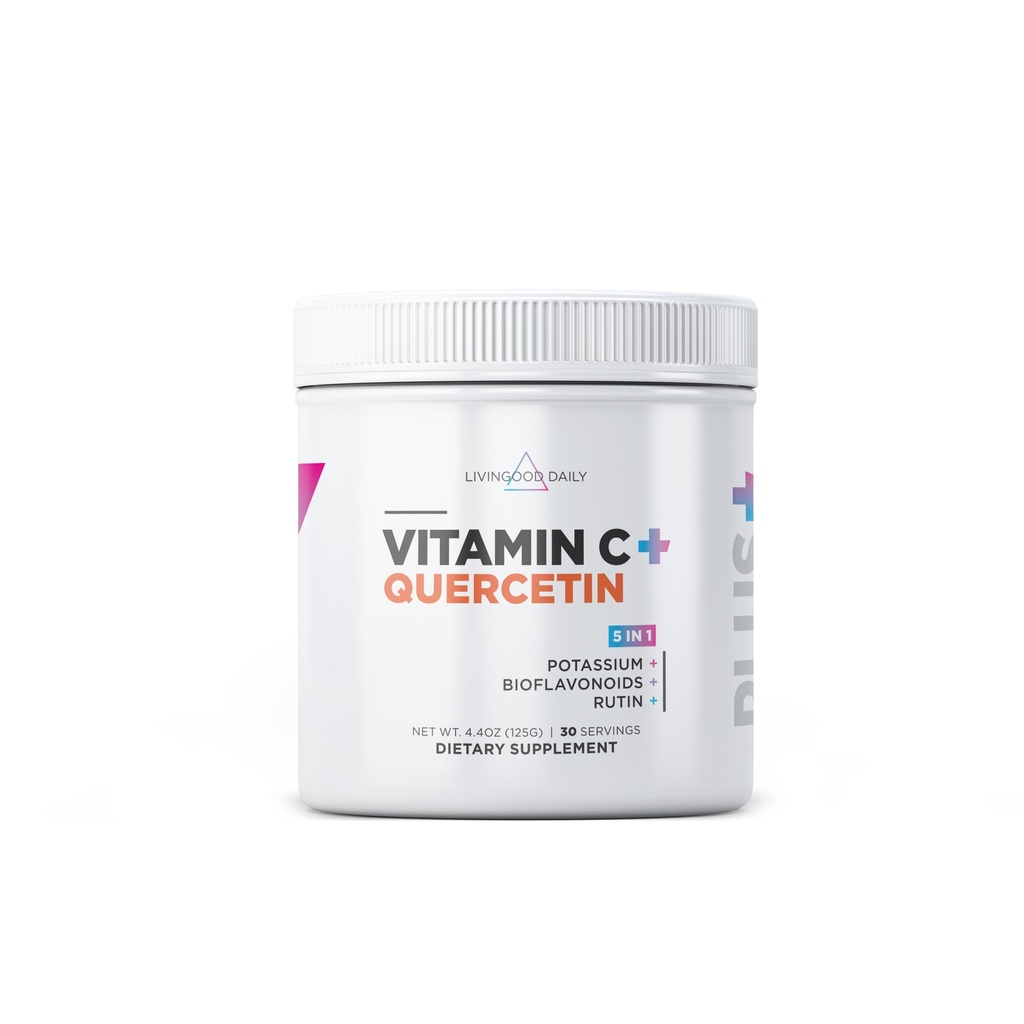 Livingood Daily High Dose Vitamin C粉补充剂,2,600 MG Ascorbic Acid Power支持豁免和皮肤健康,粉末Vitamin C与奎西丁,甜化与斯特维亚,维根,30位服务