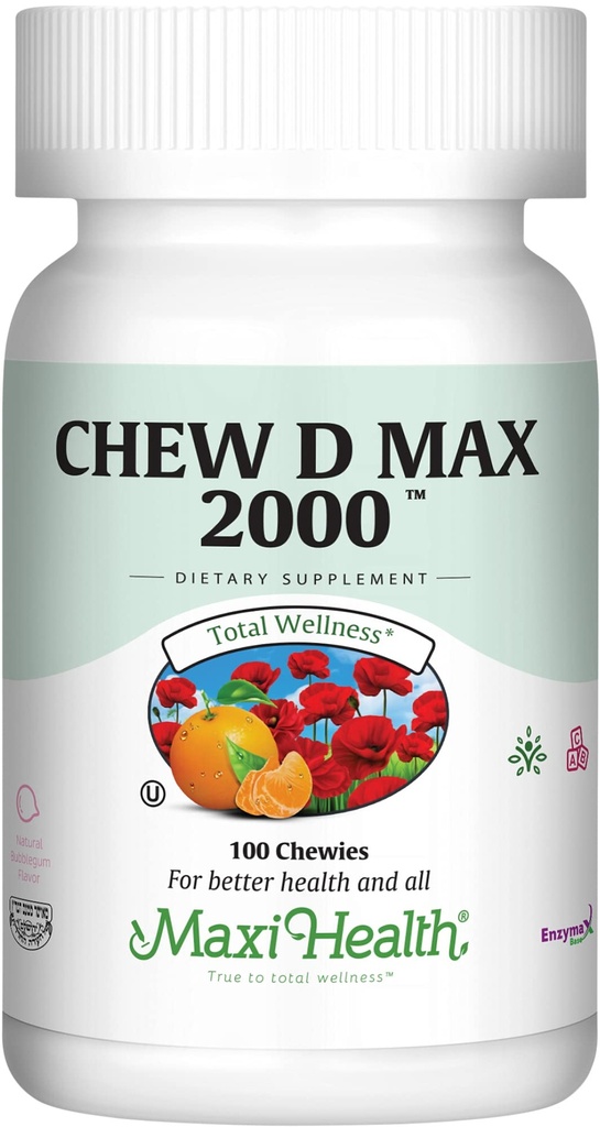 Maxi Health Chewable Vitamin D3 2000 IU Supplement - 美味的天然泡泡胶 Flamvor - 支持成人妇女、男子、儿童和托德勒斯的钙吸收、免疫和骨质健康 - 100 Chews