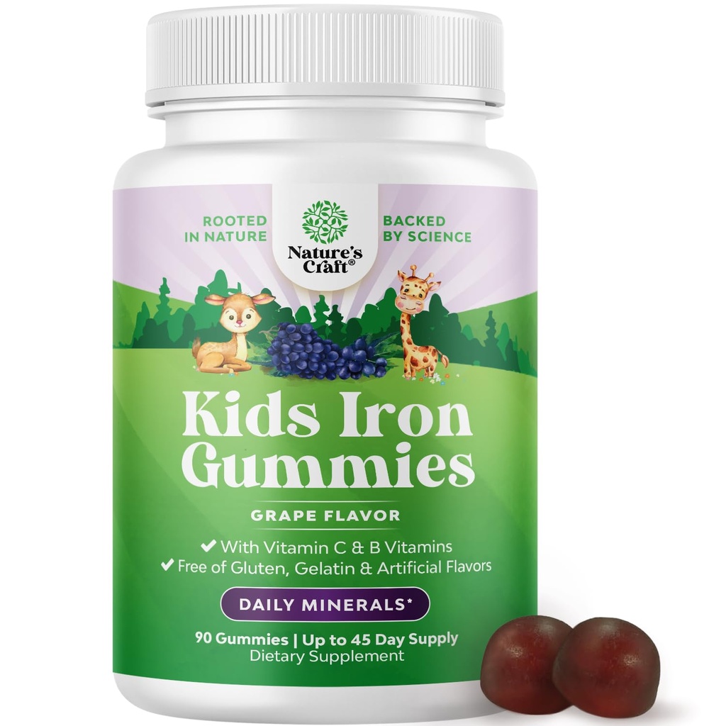 Kids Iron Gummies - Blood Builder Iron Supplements for Kids with Gentle for Stronger Immunity & Energy - Vitamin B12, Folate & Vitamin C Gummies - Vegan GMO & Gluten Free for Toddlers - 90 Count