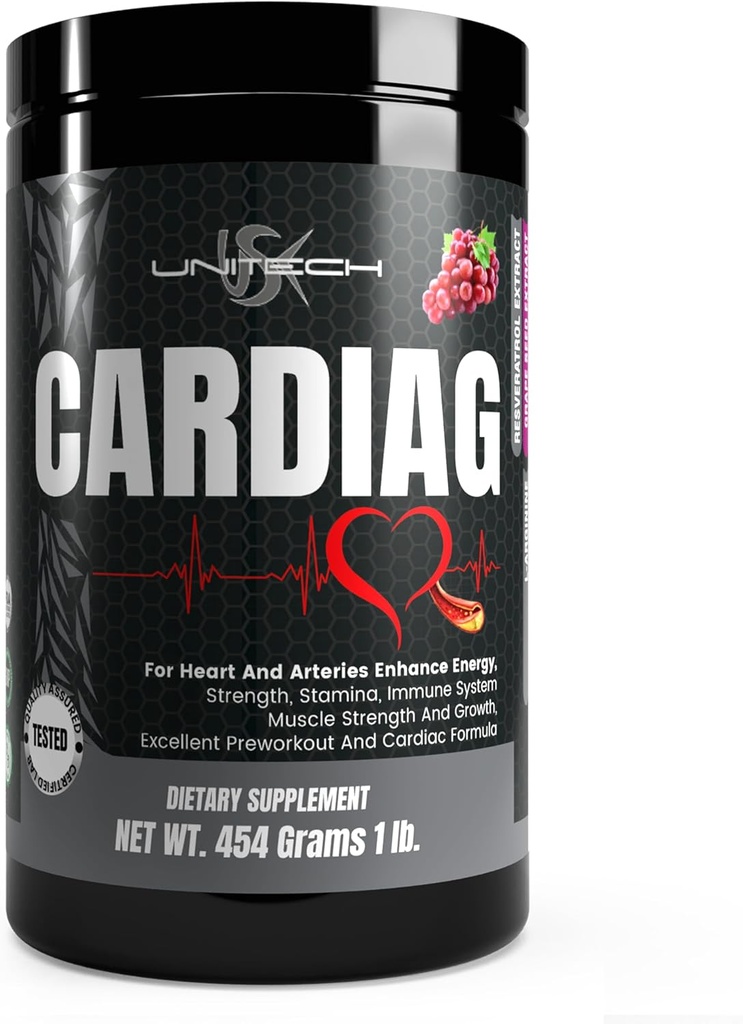 Unitech USK Cardiag Grape Powder 天然补充剂 L-Arginine, L-Citrulline, 葡萄种子提取剂, Resveratrol, 和 Coenzyme Q10 → 葡萄火焰, 16 oz