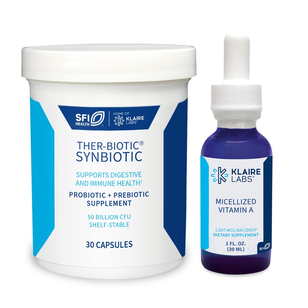 Klaire Labs Ther-Biotic Synbiotic Probiotic (30 Capsules) & Micellized Vitamin A Liquid (1 oz / 600 Servings) 5000 IU Bundle - Digestive Health & Immune Support - Hypoallergenic 2 Product Set
