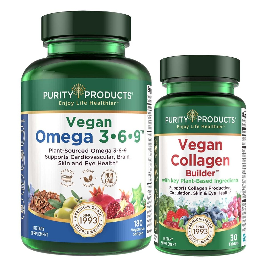 纯度产品包-Vegan Omega 3-6-9(180 cm)+Vegan Colagen Builder Omega 3-6-9(“5 in 1”) 植物基 Omega 必需脂肪酸-Vegan Colagen Builder(w/Key 植物基成份)