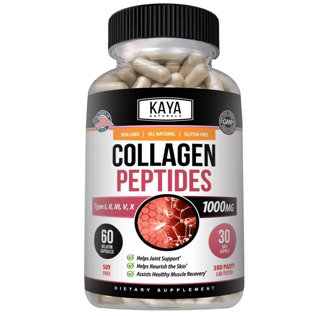 Kaya Naturals Multi Collagen Peptides 复杂男女粉末,类型一、二、三、五和十 | 60 Capsules
